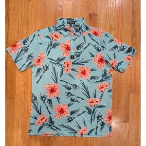 BAD BIRDIE Never Lei Up Stretch Golf Polo Shirt Mens Size MEDIUM Blue Floral